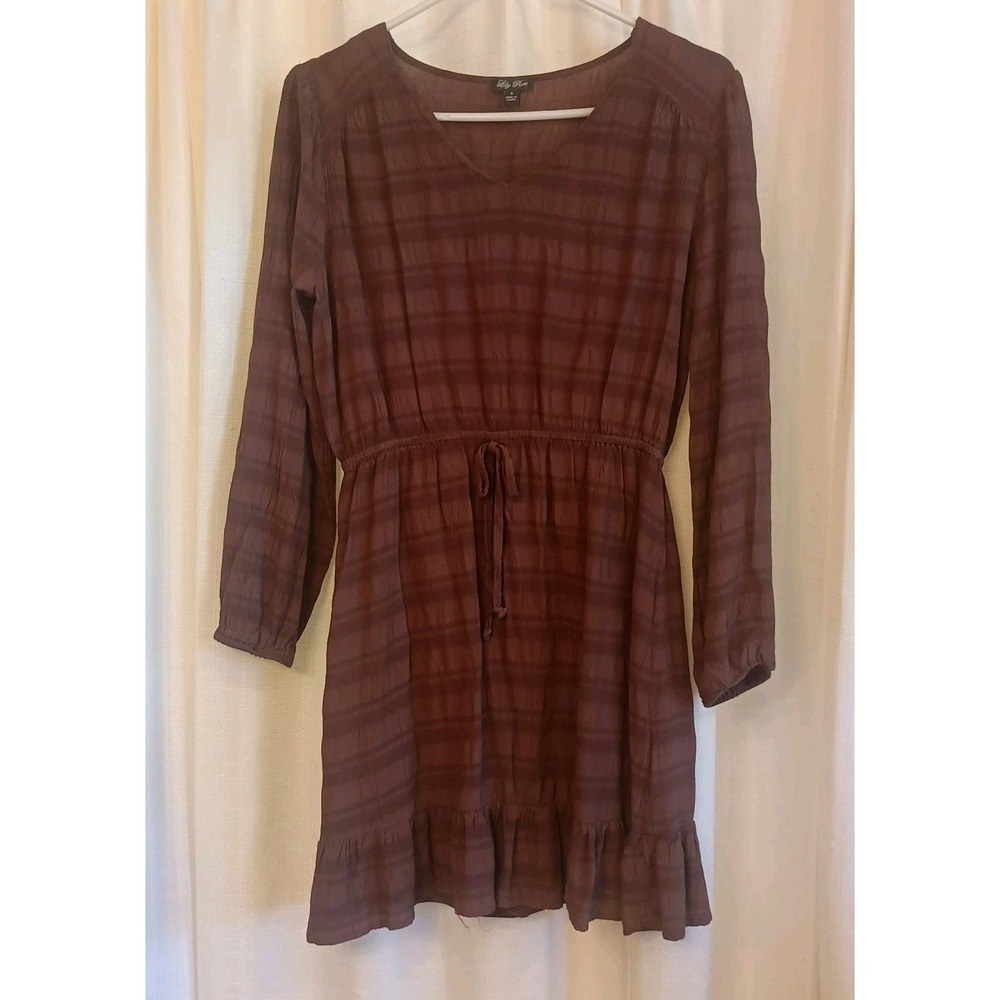 Lily Rose Juniors Brown Long‎ Sleeve V-Neck Pleated Dress Size S
